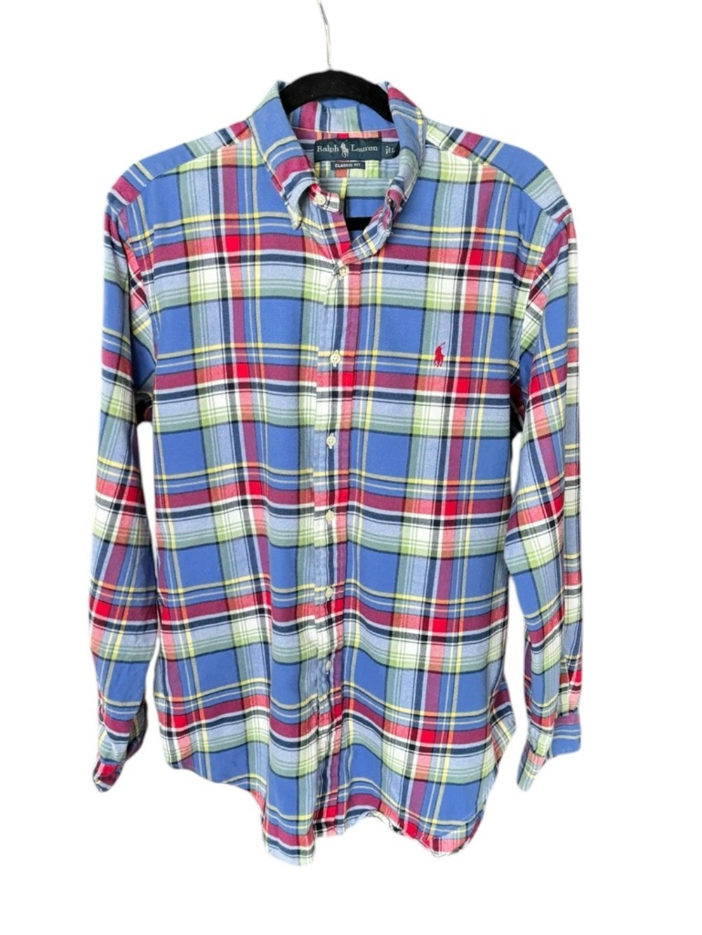Ralph Lauren Men’s Plaid Button Down Shirt Blue Classic Fit Large Preppy H43